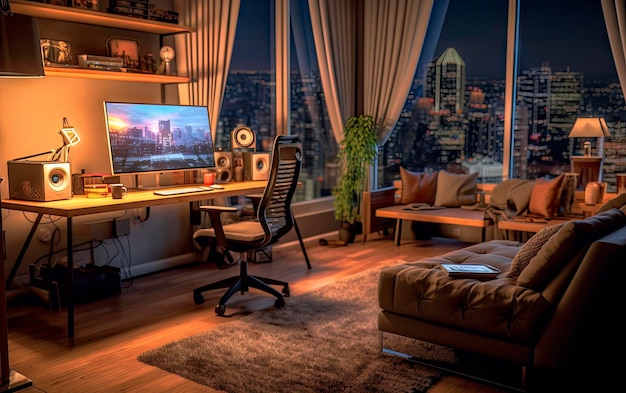 Un ufficio in casa con un grande monitor e un divano.