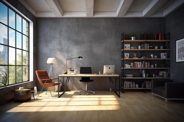 un ufficio in casa con un muro grigio e un laptop e una libreria.