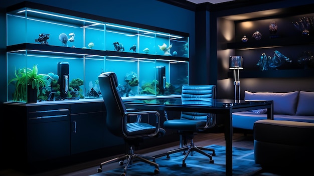 un ufficio in casa con una parete blu e piante in vista ai generativa