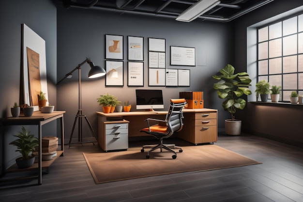 Un ufficio in casa con una parete nera e una scrivania con una sedia e una lampada.