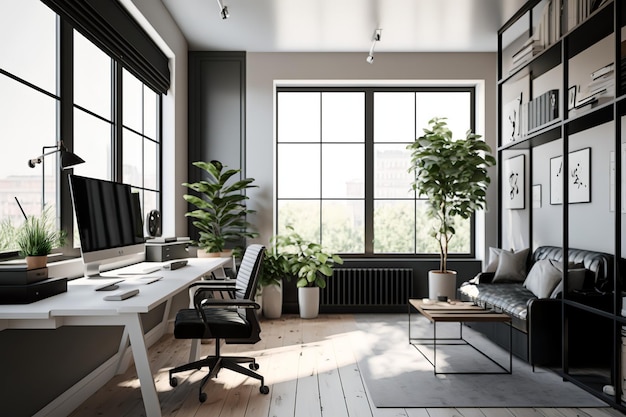 Un ufficio in casa con una scrivania e una finestra con sopra una pianta.