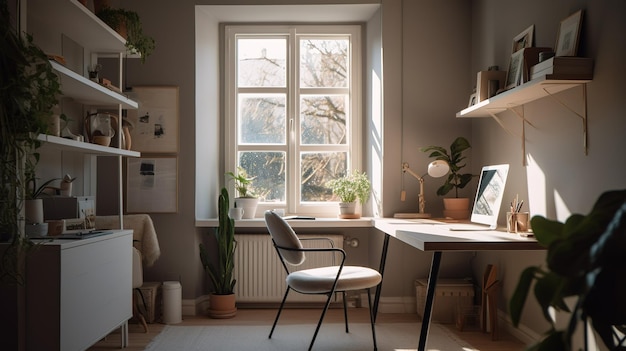 Un ufficio in casa con una scrivania e una finestra con sopra una pianta.