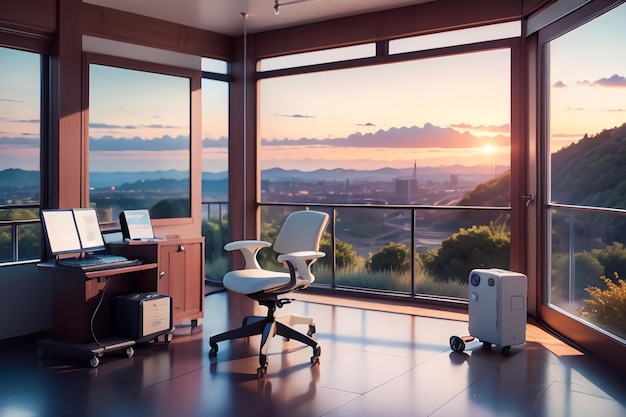 Un ufficio in casa con vista sul tramonto e una sedia.