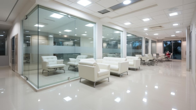 Un ufficio moderno con sedie bianche e pareti di vetro ai