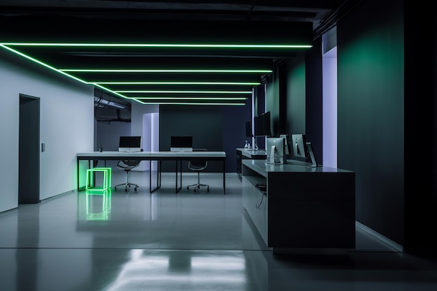 Un ufficio nero con una striscia led verde che dice "green"