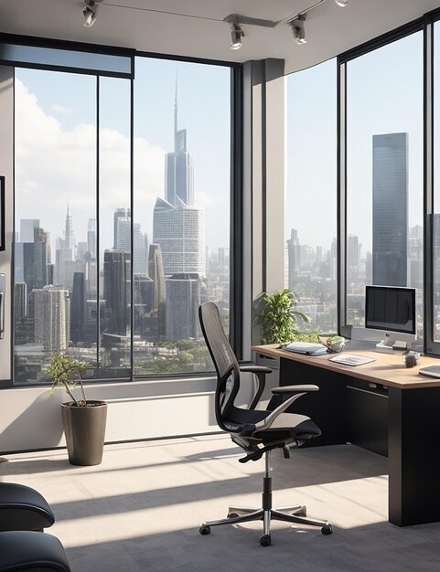 Un ufficio per freelance elegante e moderno con una grande finestra che si affaccia su un vivace paesaggio urbano
