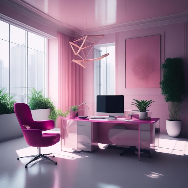 Un ufficio rosa con una scrivania rosa e una sedia rosa.