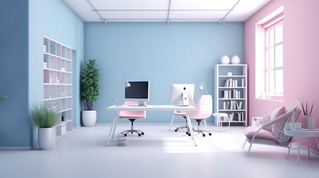 Un ufficio rosa e blu con due scrivanie e uno scaffale bianco con dei libri.