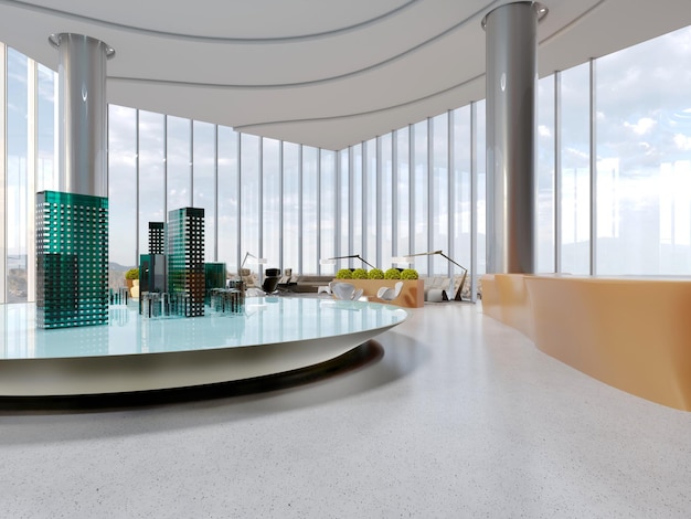 Un ufficio vendite immobiliare con interni ampi e moderni con area salotto per la negoziazione e modello di costruzione per la visualizzazione del rendering 3d
