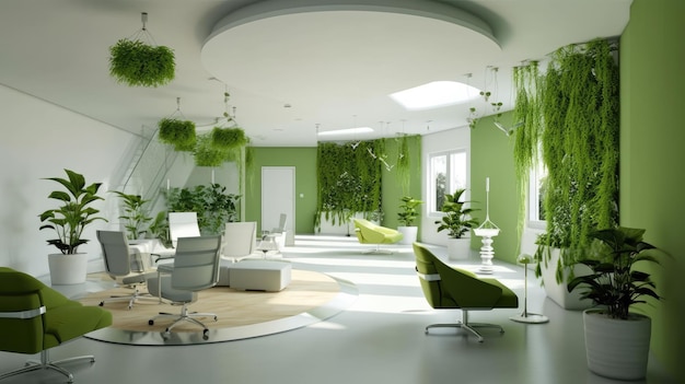 Un ufficio verde con una parete verde e piante appese al soffitto.