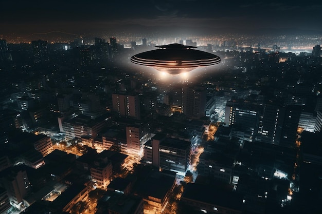 Un ufo che sorvola una città con una città sullo sfondo.