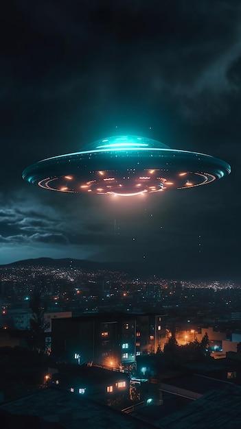 Un ufo verde che sorvola una città di notte