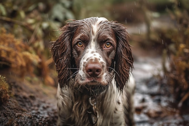 Un umido e fangoso cane Springer Spaniel nella campagna gallese