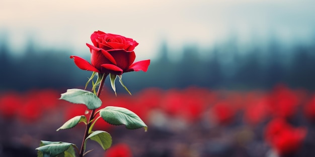 un'unica rosa rossa in mezzo a un campo