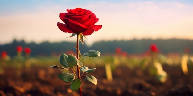 un'unica rosa rossa in mezzo a un campo
