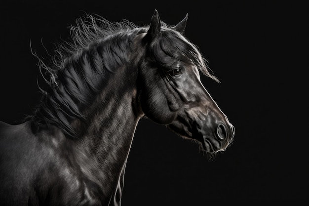 Un unico cavallo nero su sfondo nero