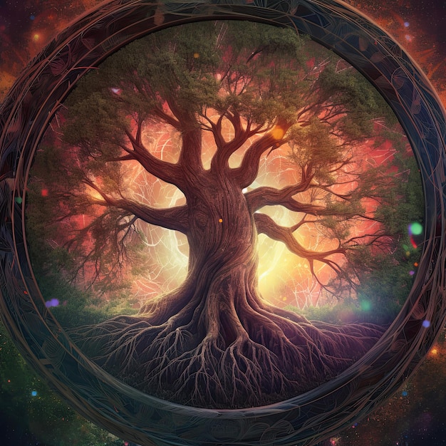 Un unico Digital Tree of Life Fantasy Art Concept incentrato sulla religione Dio e la natura con il sole