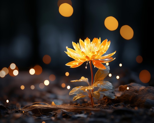 un unico fiore giallo al buio con luci bokeh