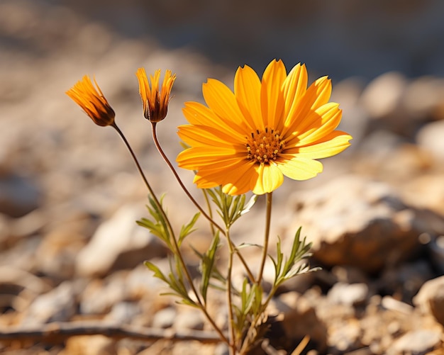 un unico fiore giallo che cresce in una zona rocciosa