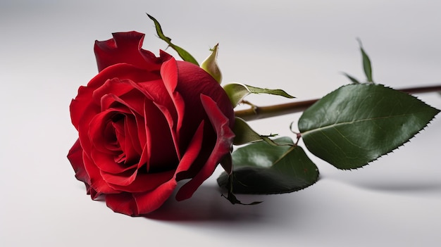 Un unico stelo di una rosa rossa brillante su un semplice sfondo bianco generato dall'intelligenza artificiale