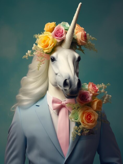 Un unicorno antropomorfo in abito Il concetto mescola fantasia e moda