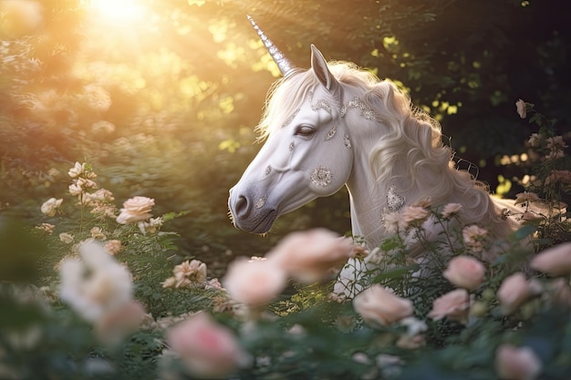 Un unicorno bianco che corre nei sogni fiori Generative Ai