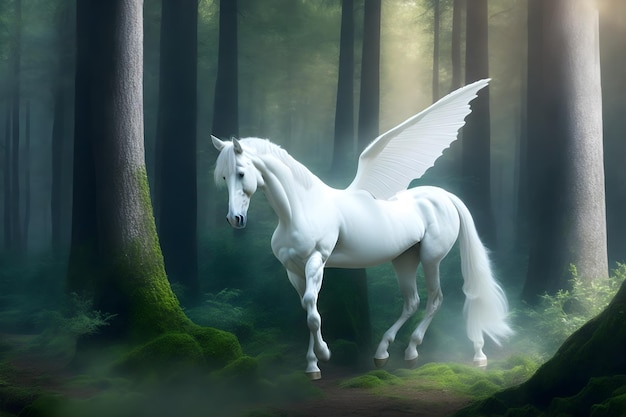 Un unicorno bianco con le ali è in una foresta.