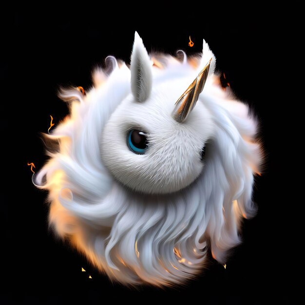 Un unicorno bianco con occhi azzurri e un occhio azzurro è circondato dalle fiamme.