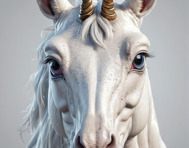 un unicorno bianco con un corno d'oro e occhi blu