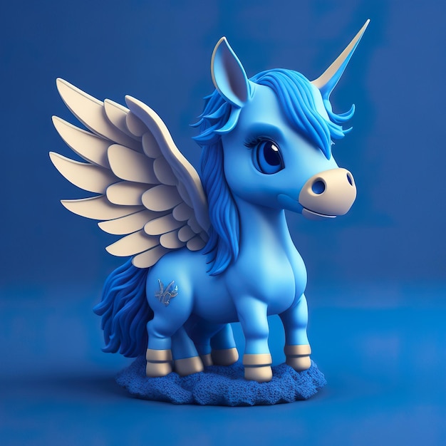 Un unicorno blu con le ali e un fiore sulla testa