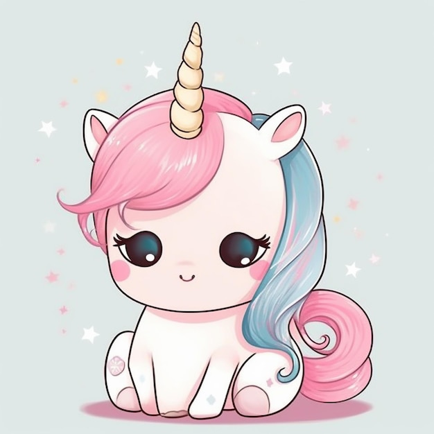 Un unicorno cartone animato con una criniera rosa seduto a terra ai generativo