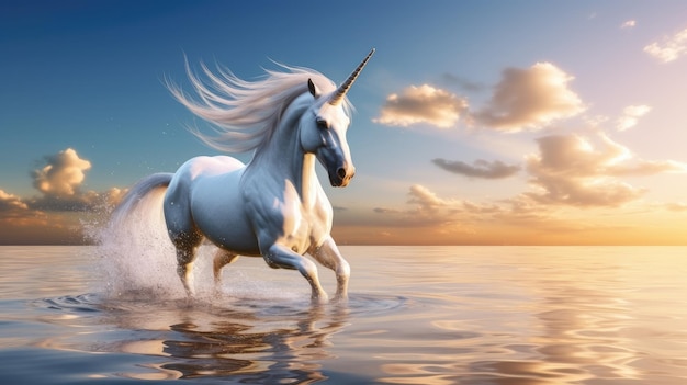 un unicorno che corre nell'acqua