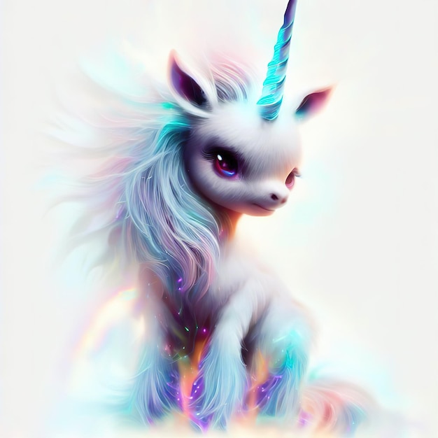 Un unicorno con gli occhi blu e un corno viola sulla testa