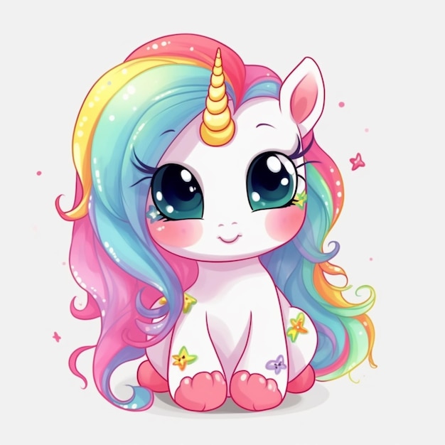 Un unicorno con i capelli arcobaleno e una criniera arcobaleno.