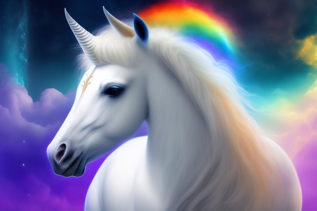 Un unicorno con un arcobaleno in testa