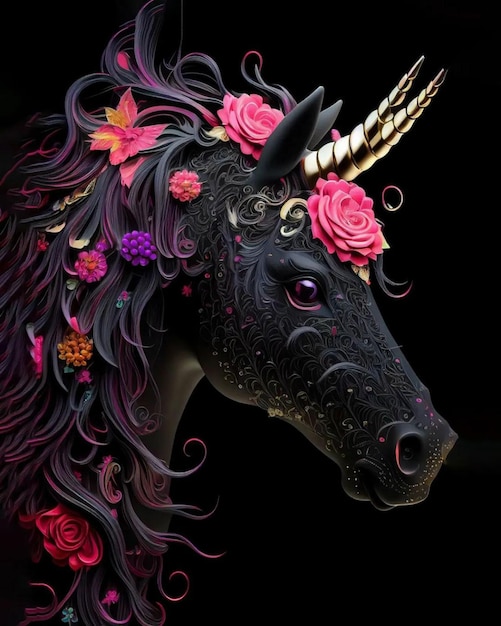 Un unicorno con un corno rosa e dei fiori sopra