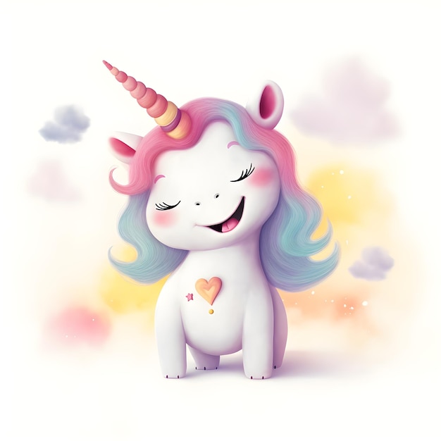 Un unicorno con un cuore in testa è su uno sfondo colorato.