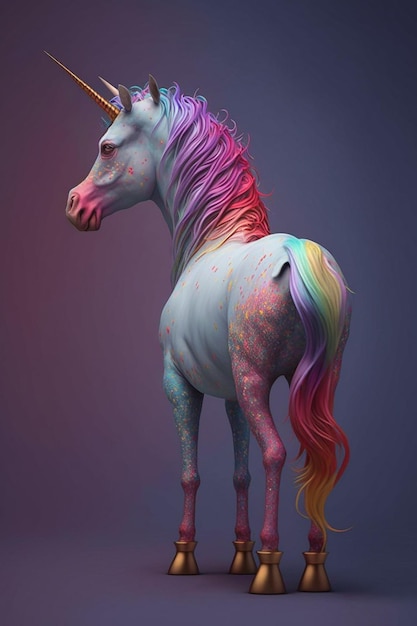 Un unicorno con una coda color arcobaleno e una coda.