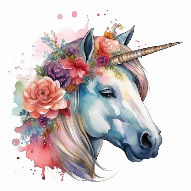 Un unicorno con una corona di fiori in testa