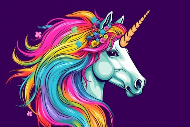 Un unicorno con una criniera arcobaleno e fiori sopra