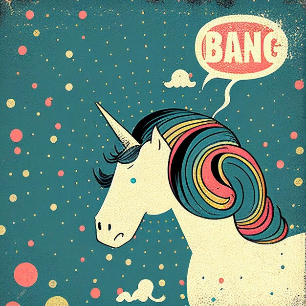 Un unicorno con una criniera arcobaleno e la parola bang su di essa