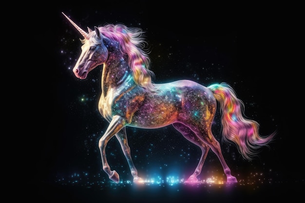 Un unicorno con una criniera arcobaleno e stelle sopra