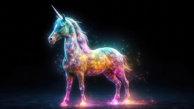 Un unicorno con una criniera e una coda arcobaleno