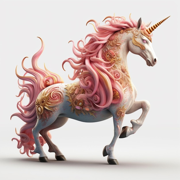 Un unicorno con una criniera rosa e capelli oro e rosa è su uno sfondo bianco.