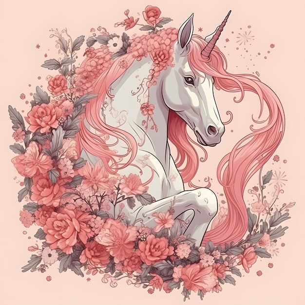 Un unicorno con una criniera rosa e fiori sopra