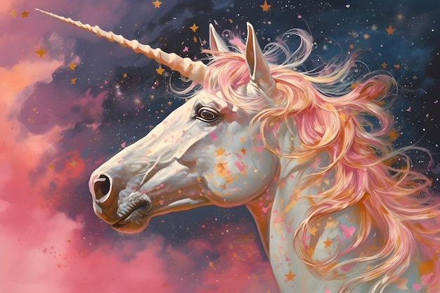 Un unicorno con una criniera rosa e stelle dorate.
