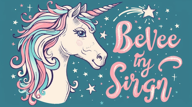 Un unicorno con una stella cadente Lettere disegnate a mano per una maglietta o una borsa poster