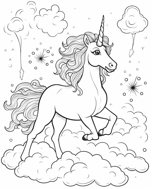 un unicorno corre tra le nuvole con una stella nel cielo generativo ai