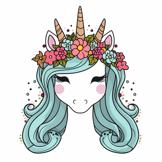 un unicorno dei cartoni animati con una corona di fiori sulla testa