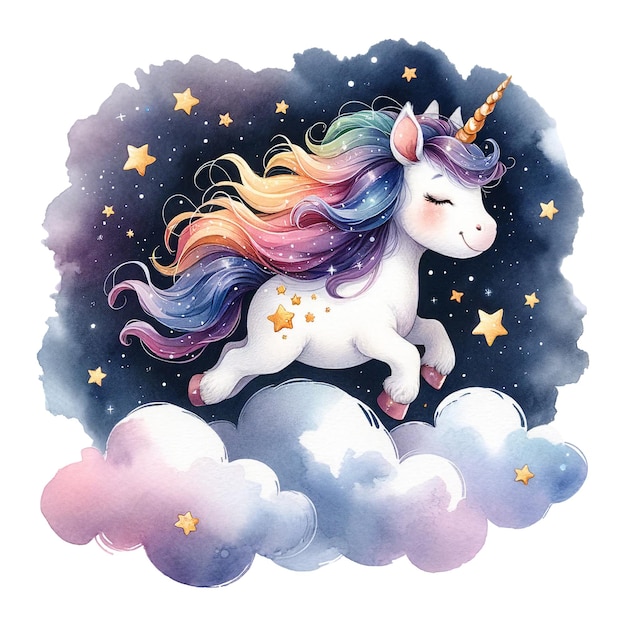 Un unicorno gioca tra le stelle e le nuvole in un paesaggio notturno sognante